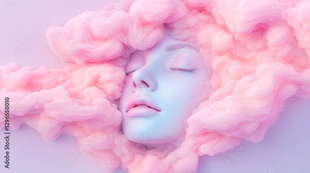 Naklejka premium Surreal layered design where airy cloud-like strands radiate from a placid stone face, pastel color