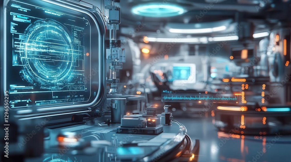 Fototapeta premium A futuristic healthcare center providing affordable care with glowing holographic medical tools, Healthcare access, SciFi, Clean and sterile