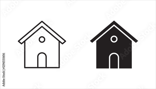 Web home icon set for websites and apps. Simple house symbol. Flat real estate sign. Main page pictogram in filled, thin line, outline and stroke style. Isolated illustration.