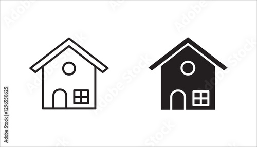 Web home icon set for websites and apps. Simple house symbol. Flat real estate sign. Main page pictogram in filled, thin line, outline and stroke style. Isolated illustration.