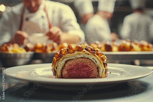 Gourmet Beef Wellington cross-section, showcasing rare tenderloin, encased in flaky puff pastry and adorned with garnish, professionally prepared by skilled chefs. photo