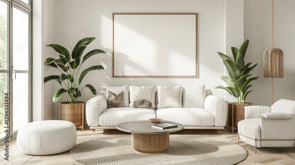 Minimalist Living Room Design with White Sofa and Tropical Plants Minimalist Living Room Design with White Sofa and Tropical Plants
