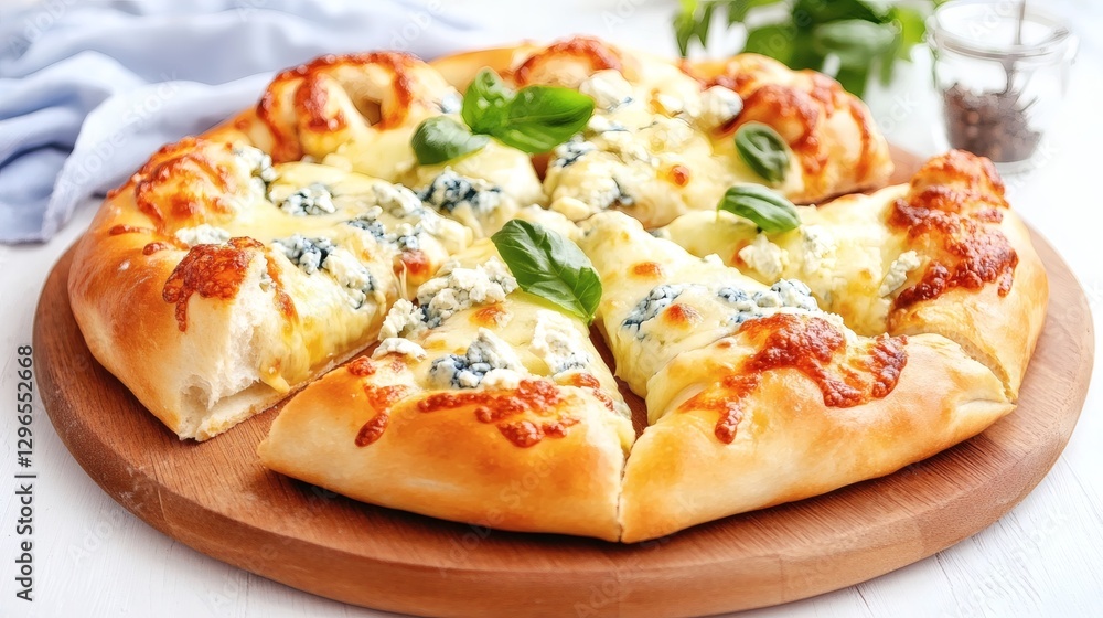 Freshly baked cheese pizza served on a wooden platter with vibrant basil leaves and gooey melted cheese Freshly baked cheese pizza served on a wooden platter with vibrant basil leaves and gooey melted cheese