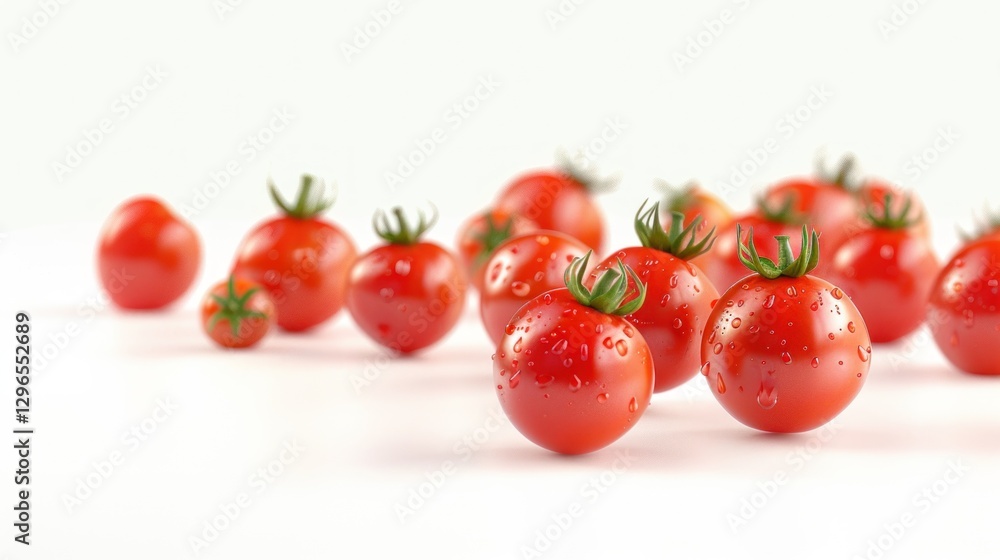 Closeup group red ripe fresh cherry tomatoes on branch white background. AI generated image Closeup group red ripe fresh cherry tomatoes on branch white background. AI generated image