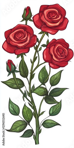 Detailed Illustration of Three Red Roses with Green Leaves on White Background