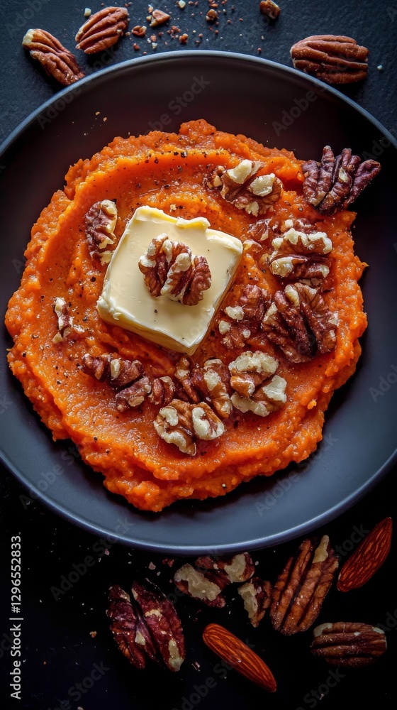 Sweet potato puree topped with nuts and butter served on a black plate Sweet potato puree topped with nuts and butter served on a black plate