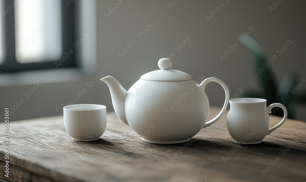 Elegant white porcelain teapot and matching cups placed on a rustic wooden table, soft natural light highlighting its minimalist design and inviting tones Elegant white porcelain teapot and matching cups placed on a rustic wooden table, soft natural light highlighting its minimalist design and inviting tones