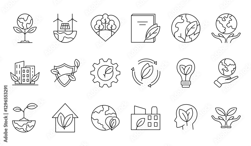 Fototapeta premium Eco friendly line icon set representing sustainability, renewable energy, environmental protection, green technology and nature conservation. Minimalist line style and editable strokes.