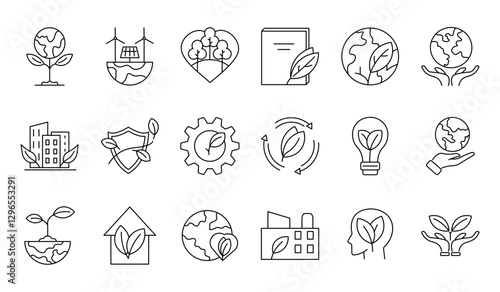 Eco friendly line icon set representing sustainability, renewable energy, environmental protection, green technology and nature conservation. Minimalist line style and editable strokes.