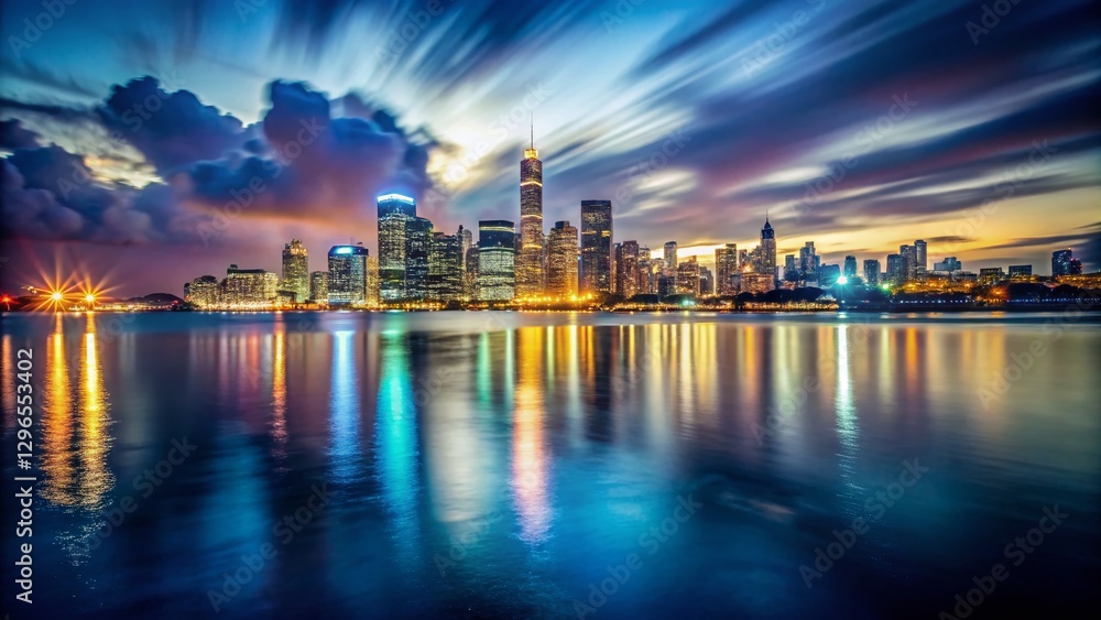 Naklejka premium Long Exposure Cityscape at Night, Illuminated Waterfront, Urban Seascape, Glowing City Lights Reflecting on Water