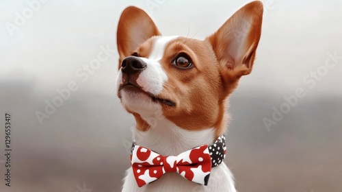 Charming dog with bow tie gazes thoughtfully against a neutral backdrop in bright daylight