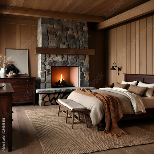 A digitally rendered, romantic bedroom boasts a stone fireplace with a crackling fire, rich emerald green velvet bedding, and antique-style furnishings.