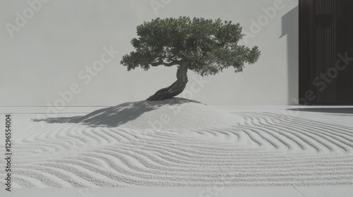 A peaceful Zen garden with a carefully raked sand pattern and bonsai tree,