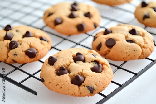 Freshly baked chocolate chip cookies cooling on a wire rack in a cozy kitchen