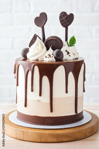 Delicious chocolate drip cake with decorative toppings showcased on a wooden board