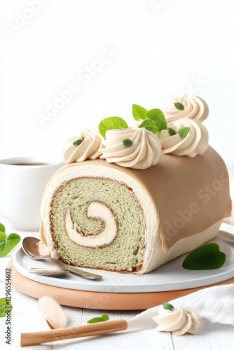 Delicious matcha roll cake adorned with creamy frosting and fresh mint leaves on a simple white background