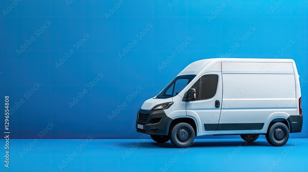White delivery van on vibrant blue background White delivery van on vibrant blue background