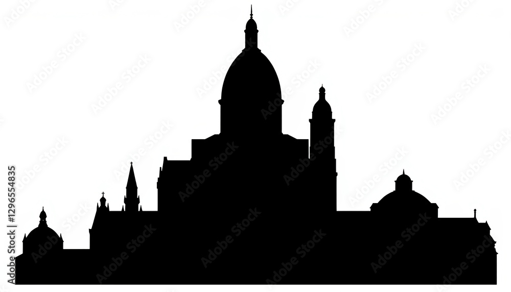 Monumental black basilica silhouette against stark white background, artistic representation Monumental black basilica silhouette against stark white background, artistic representation
