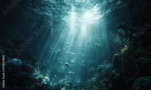 Wallpaper Mural Dramatic underwater scene with a school of fish swimming through sunbeams, surrounded by coral and vibrant marine life Torontodigital.ca