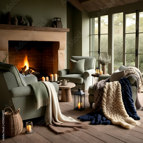 A warm and inviting living room with a stone fireplace, featuring comfortable armchairs and throws.