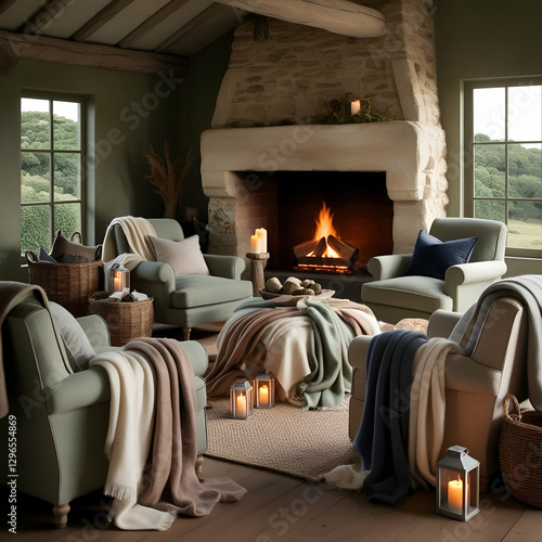 A warm and inviting living room with a stone fireplace, featuring comfortable armchairs and throws.