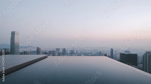 A luxurious hotel rooftop infinity pool overlooking a stunning city skyline,