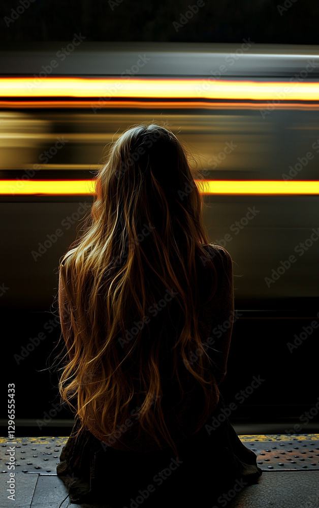 Silhouette of a Woman Sitting on the Edge of a Train Platform with Motion Blur Effect Silhouette of a Woman Sitting on the Edge of a Train Platform with Motion Blur Effect