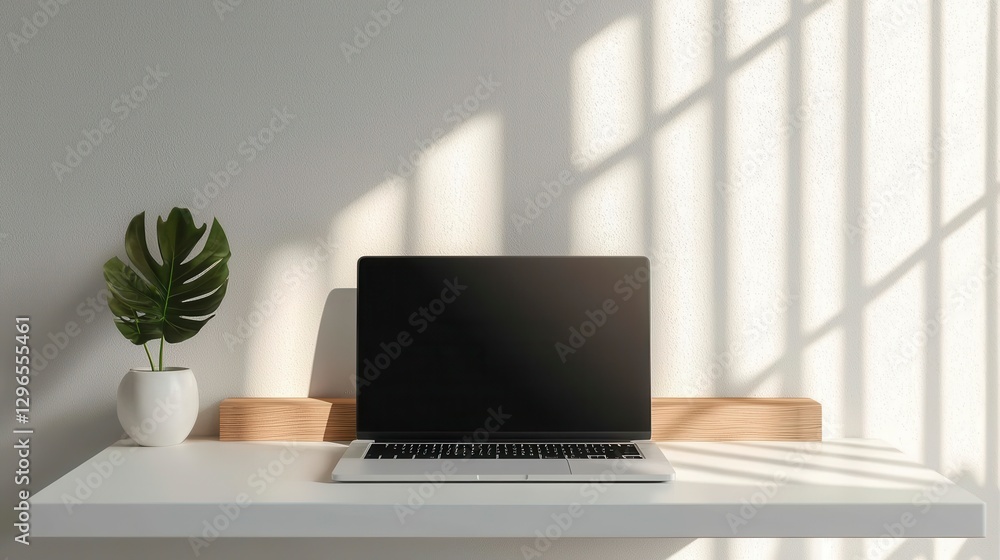 Fototapeta premium Sleek Minimalist Workspace with White Desk and Laptop in Natural Light