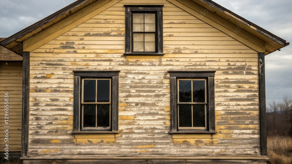 an old, weathered house with peeling paint, evoking a sense of history and age. The house has three windows and a weathered appearance an old, weathered house with peeling paint, evoking a sense of history and age. The house has three windows and a weathered appearance