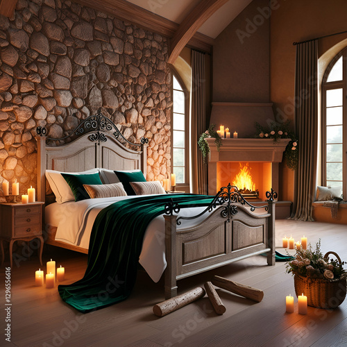 A digitally rendered, romantic bedroom boasts a stone fireplace with a crackling fire, rich emerald green velvet bedding, and antique-style furnishings.