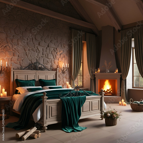 A digitally rendered, romantic bedroom boasts a stone fireplace with a crackling fire, rich emerald green velvet bedding, and antique-style furnishings.