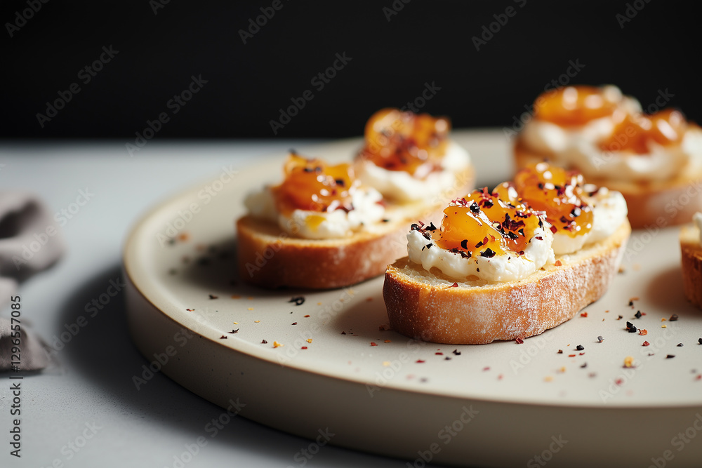 Mini bruschettas topped with apricot jam and goat cheese Mini bruschettas topped with apricot jam and goat cheese