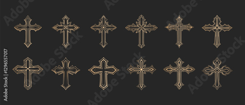 Set of golden Christian crosses. Decorative crucifix religion symbol. Orthodox faith church icon design. Illustration.