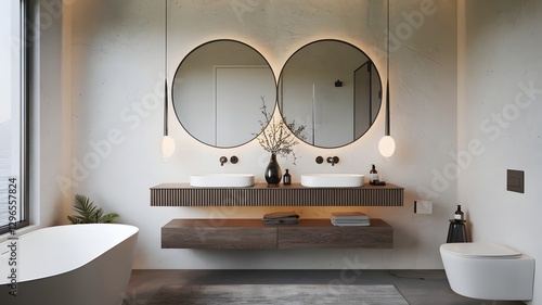 Chic bathroom with a floating vanity, bold lighting, and a minimalist design.