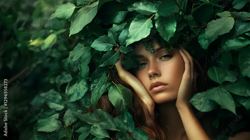 gazing into a mirror, her reflection showing her as a being made entirely of vines and blossoms gazing into a mirror, her reflection showing her as a being made entirely of vines and blossoms
