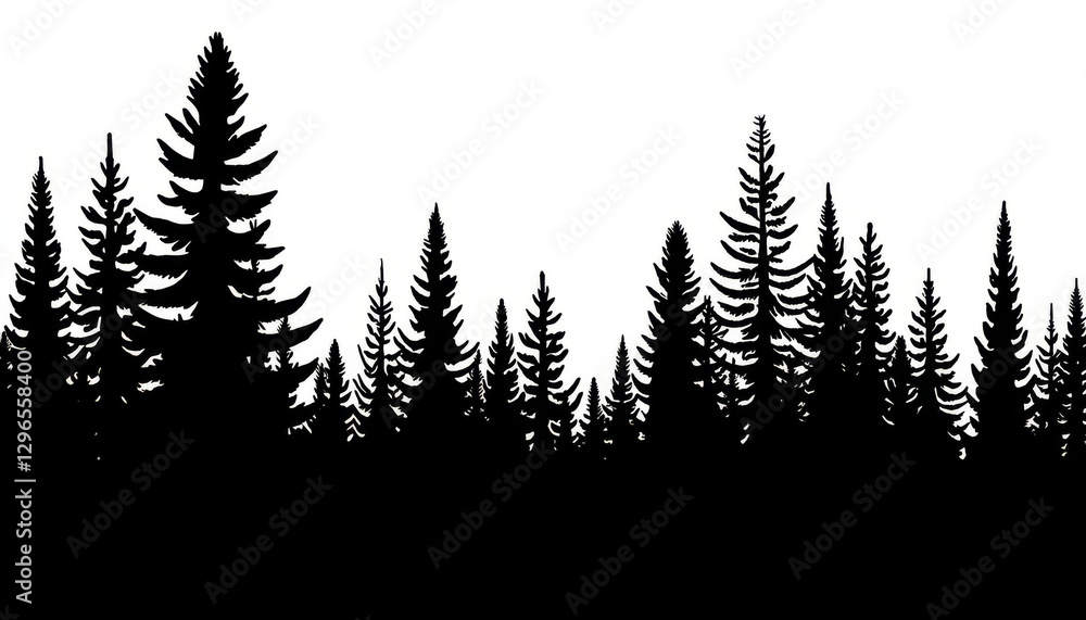 Obraz premium Towering black pine silhouettes against crisp white canvas, serene contrast