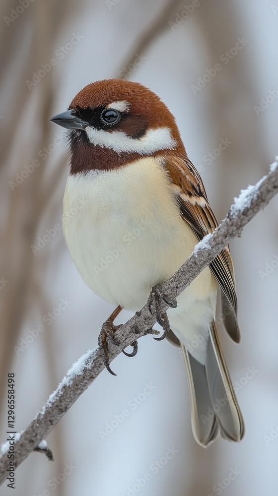 Fototapeta premium Chestnut-eared Bunting Perched Snowy Branch Winter