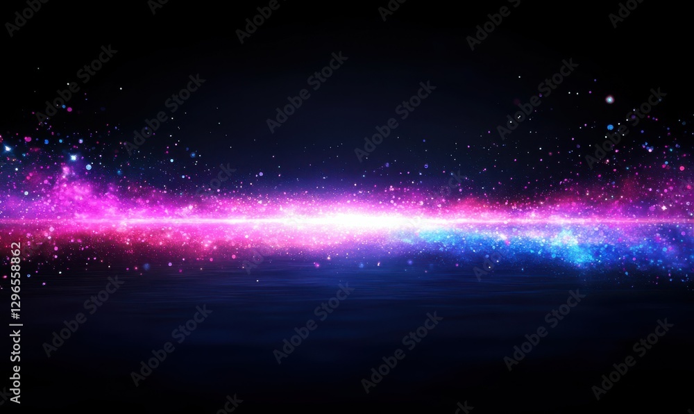 Obraz premium Dynamic splash of glowing colorful particles floating in mid-air against a black backdrop, symbolizing creativity and celebration