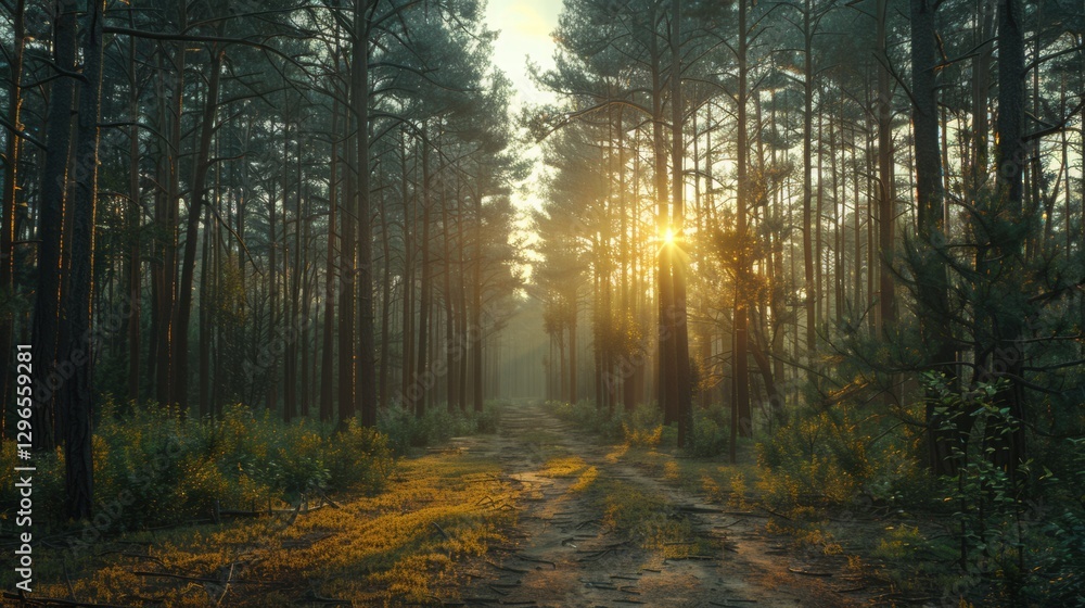 Obraz premium Serene Forest Pathway with Morning Sunlight Peeking Through Trees