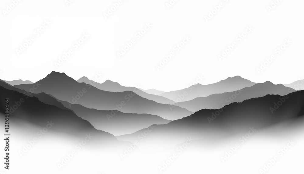 Layered black silhouette mountains with mist, tranquil scenery Layered black silhouette mountains with mist, tranquil scenery