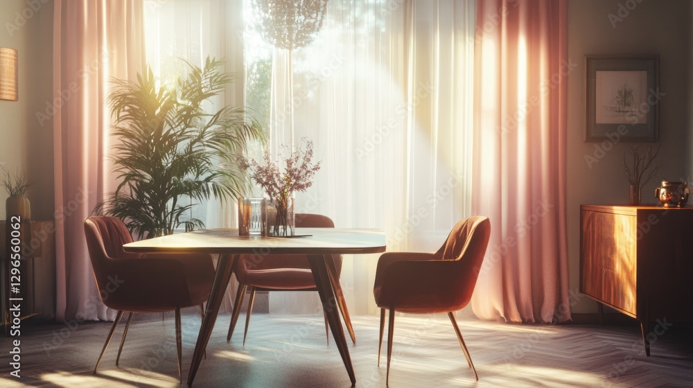 Sunlit Dining Room: Modern Minimalist Design with Pink Curtains and Warm Wood Accents Sunlit Dining Room: Modern Minimalist Design with Pink Curtains and Warm Wood Accents