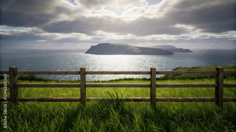 a picturesque landscape with a wooden fence overlooking a vast ocean and a distant island under a cloudy sky. The scene is tranquil and evokes a sense of peace and tranquility. a picturesque landscape with a wooden fence overlooking a vast ocean and a distant island under a cloudy sky. The scene is tranquil and evokes a sense of peace and tranquility.