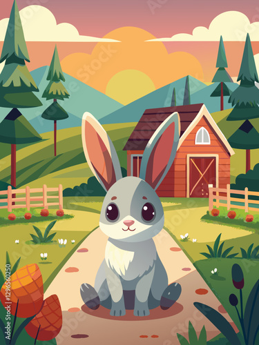 Adorable Cartoon Bunny on Farm Path at Sunset: Whimsical Nature Scene Perfect for Children's Illustrations