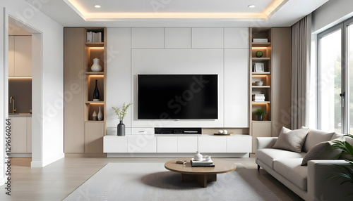 A Modern living room with white color built-in Wall Paneling and tv cabinet.
