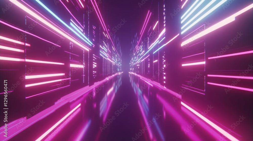 Obraz premium Abstract Neon Corridor with Glowing Lines and Reflections Perspective View