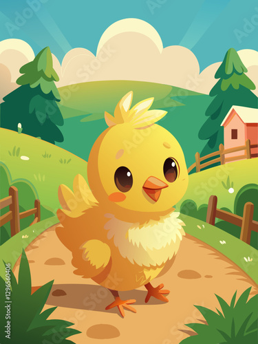Adorable Cartoon Chick Strolling in a Sunlit Countryside Setting