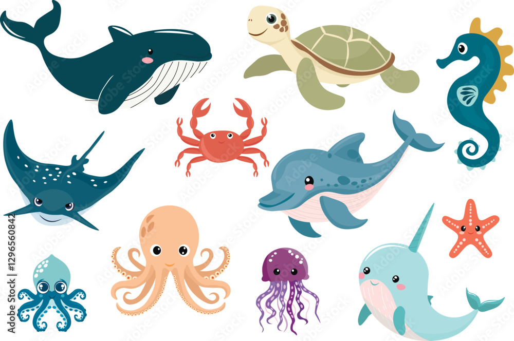 Set with hand drawn sea life elements. Sea animals. Vector doodle cartoon set of sea life objects for your design. Set with hand drawn sea life elements. Sea animals. Vector doodle cartoon set of sea life objects for your design.
