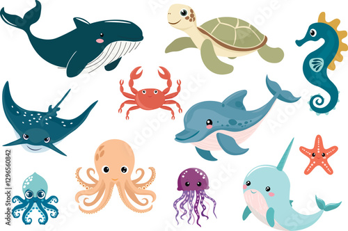 Set with hand drawn sea life elements. Sea animals. Vector doodle cartoon set of sea life objects for your design.