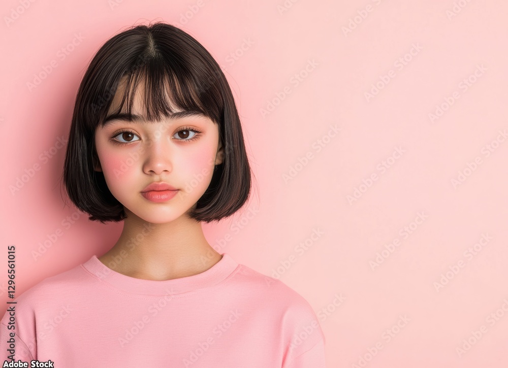 An Asian woman with short hair and a radiant smile stands gracefully against a pink background. This image embodies natural beauty, skincare, and the calming essence of spa therapy. An Asian woman with short hair and a radiant smile stands gracefully against a pink background. This image embodies natural beauty, skincare, and the calming essence of spa therapy.