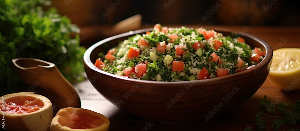 Traditional dish Tabbouleh vegetarian Salad with parsley, vegetable, mint and tomatoes. AI generated Traditional dish Tabbouleh vegetarian Salad with parsley, vegetable, mint and tomatoes. AI generated